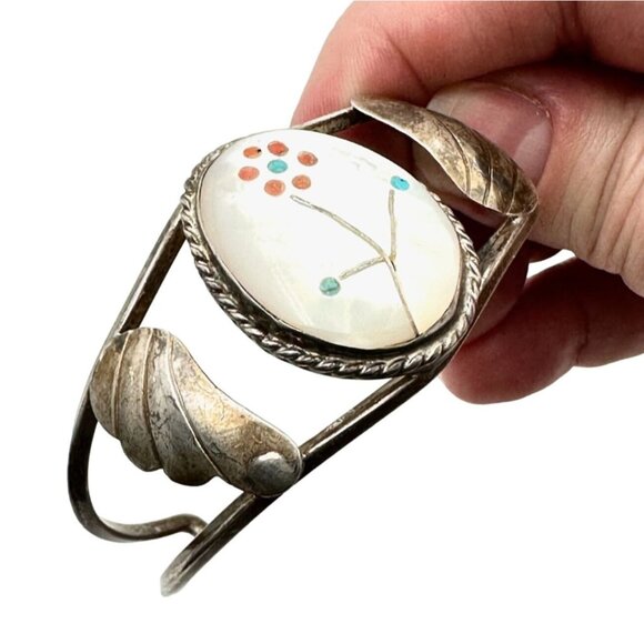 Native American Southwest Womens Bracelet Sterling Silver Pearl Coral Turquoise - Picture 2 of 5